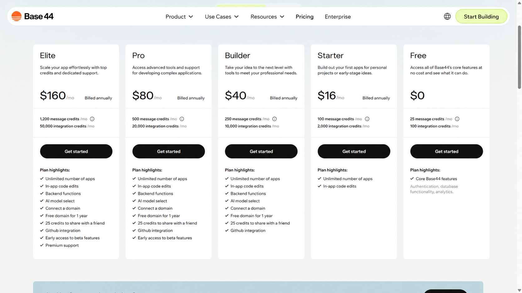 Base44 pricing page with plans ordered from expensive to free
