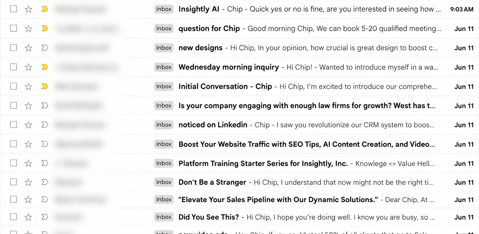 Inbox full of similar cold outreach messages